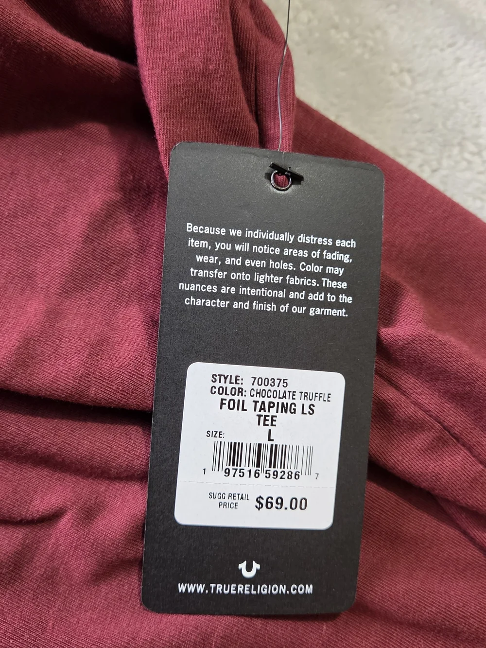 NWT True Religion Foil Taping Long Sleeve Tee Men L Burgundy Gold Logo